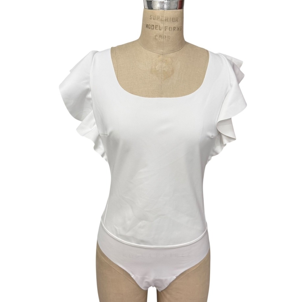 NEW Commando White Bonded Ruffle Sleeve Bodysuit Womens L Full Seat BDS153